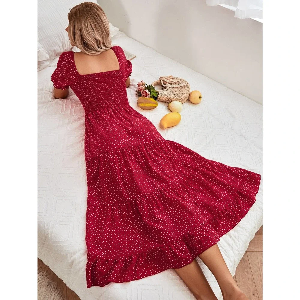boho Polka Dot Shirred Puff Sleeve Split Thigh Ruffle Hem midi Dress red - Picture 3 of 8